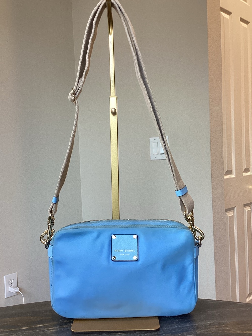Henri Bendel Light Blue Crossbody with Tan Strap